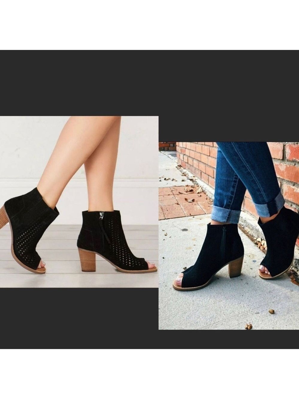 Toms black Majorca suede perforated peep toe ankle boots Sz 9